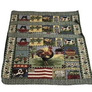 Set of 3 Vintage Country Farm Rooster Cow Patriotic Tapestry Placemats VTG